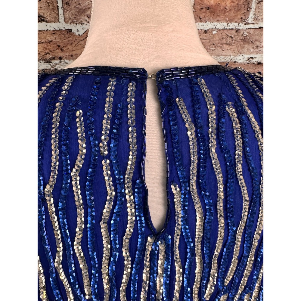 Jewel Queen Vintage Royal Blue Beaded Silk Sequin Evening Top Short Sleeve L - Picture 11 of 15